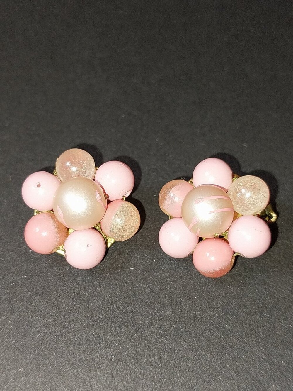 Vintage Japan Pink Beaded Cluster Clip on Earrings